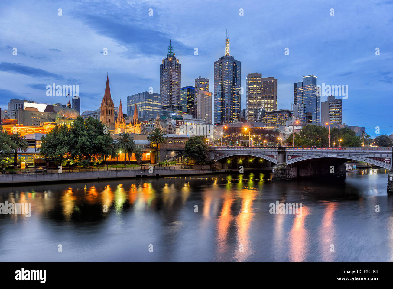city of Melbourne CBD from Southbank at blue hour Stock Photo