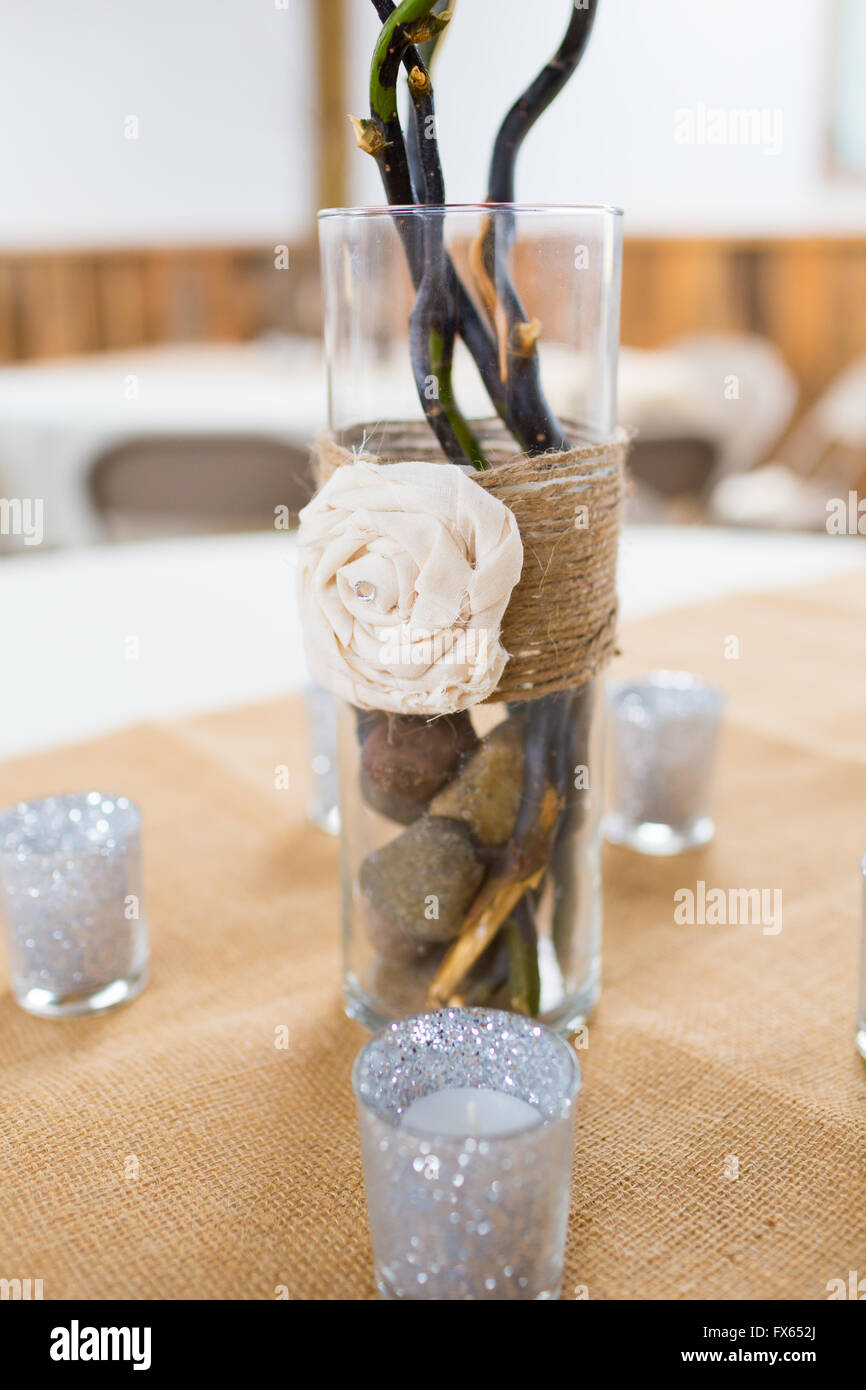 Centerpiece On A Table At A Wedding Reception With Burlap Country