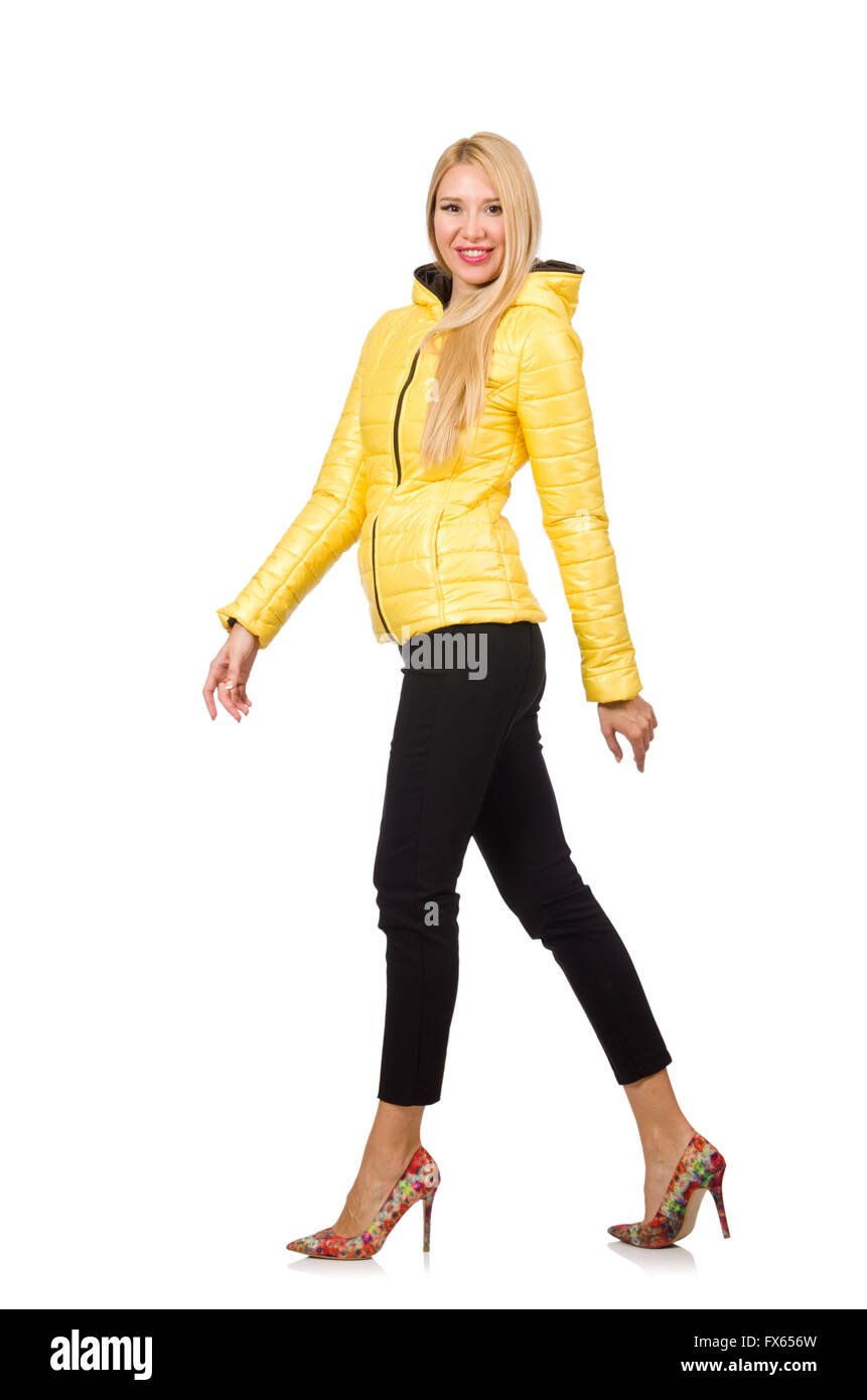 Caucasian woman in yellow jacket isolated on white Stock Photo - Alamy