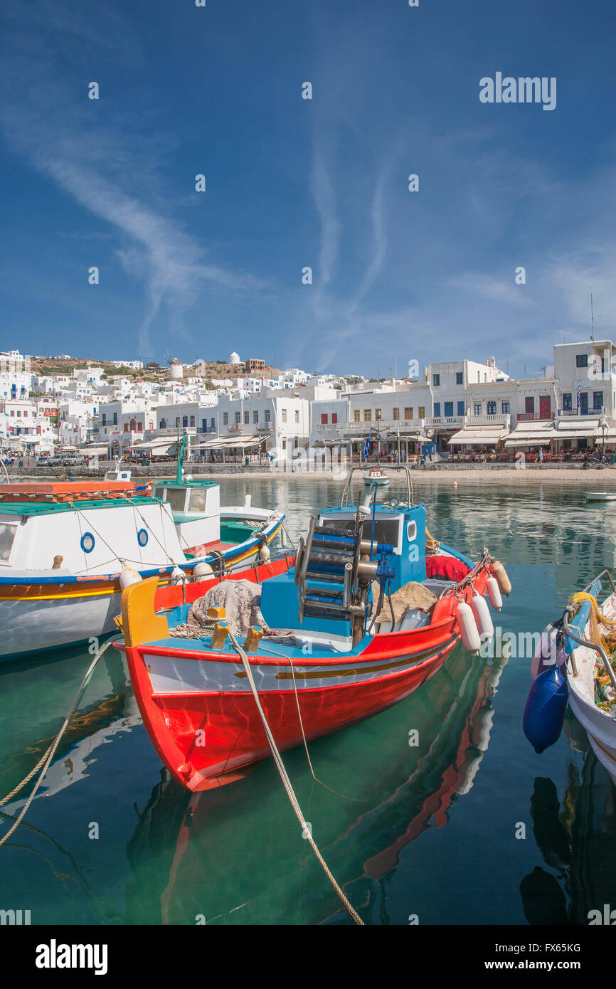 Boats anchored in Mykonos harbor, Cyclades, Greece Stock Photo