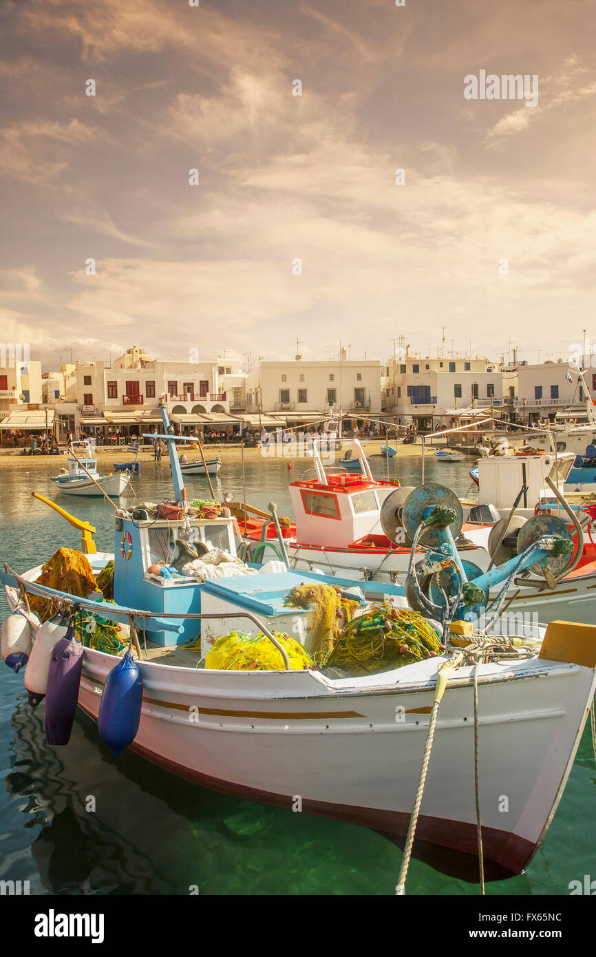 Boats anchored in Mykonos harbor, Cyclades, Greece Stock Photo