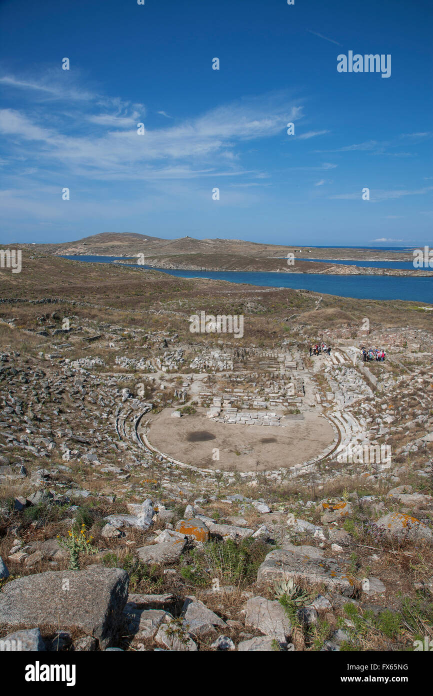 Aerial view of amphitheater ruins, Delos, Cyclades, Greece Stock Photo