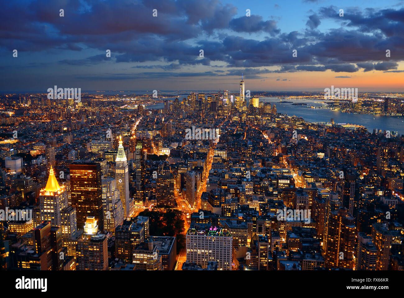 New York City downtown skyline view at night Stock Photo - Alamy