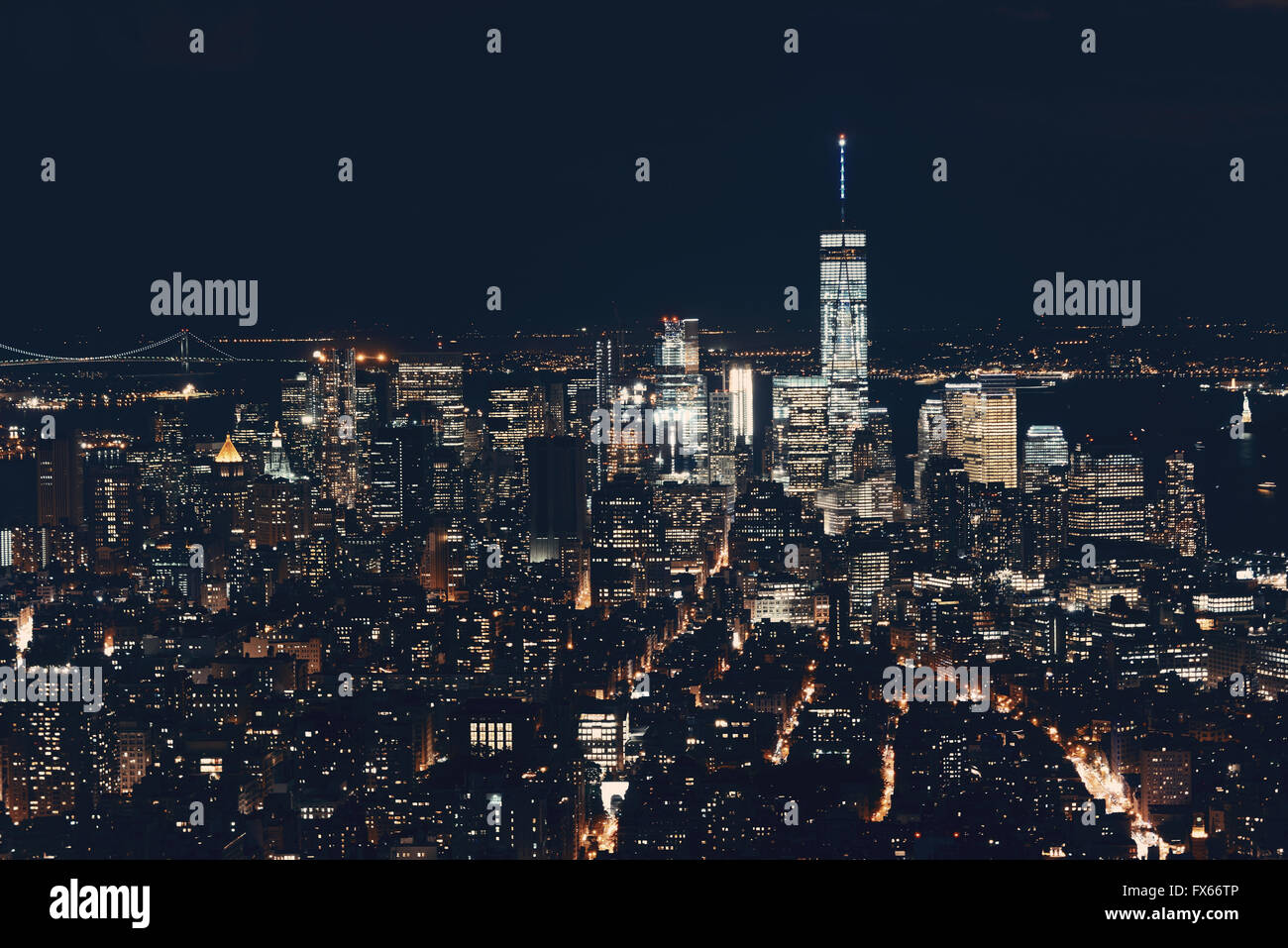New York City downtown skyline view at night Stock Photo - Alamy