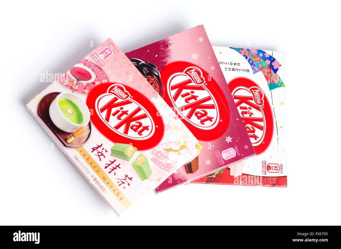 Variety of boxed flavours of Kitkat from Japan. Sakura matcha, red bean and wa-ichigo (strawberry). Stock Photo