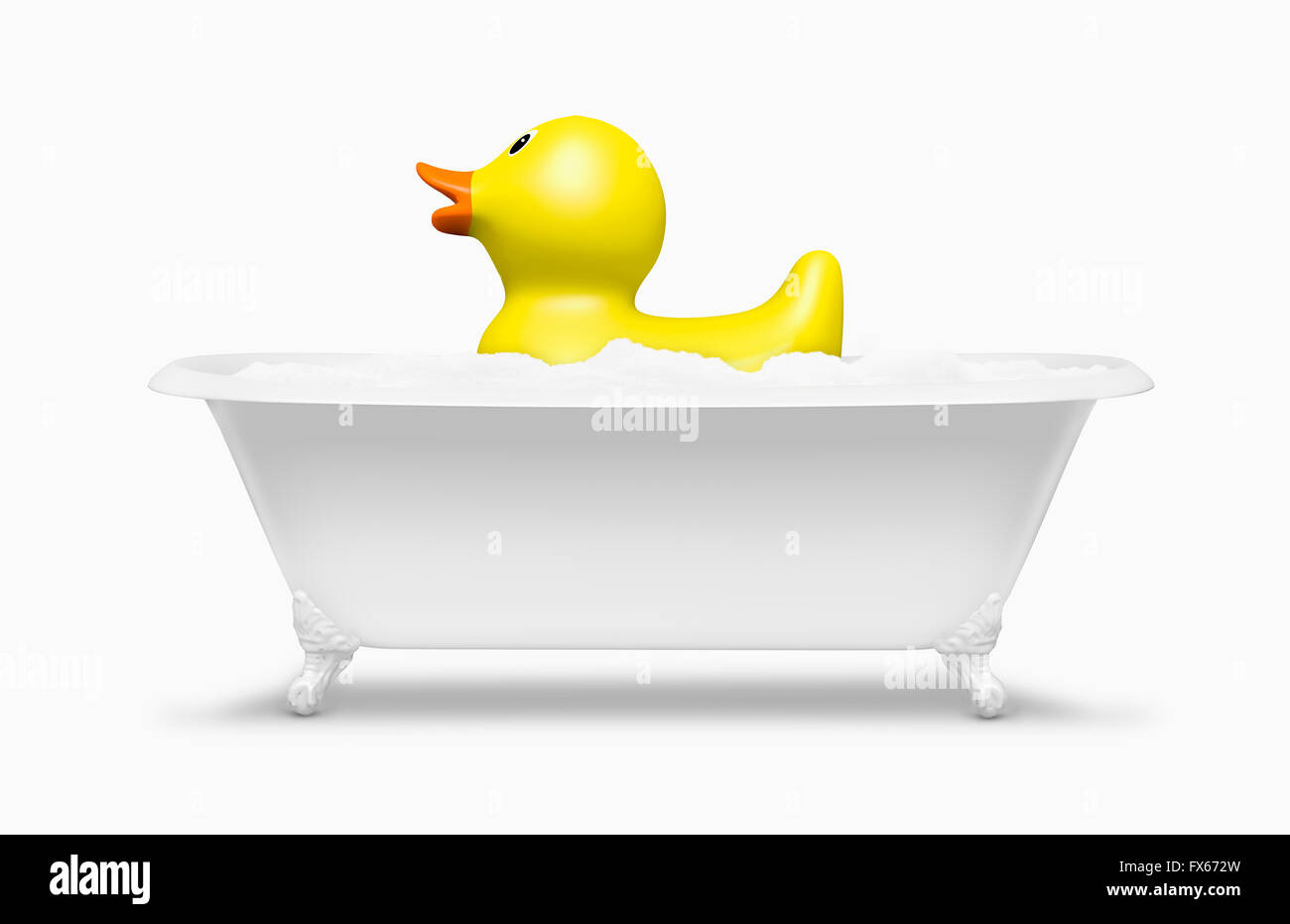 Rubber duck floating in bath Stock Photo