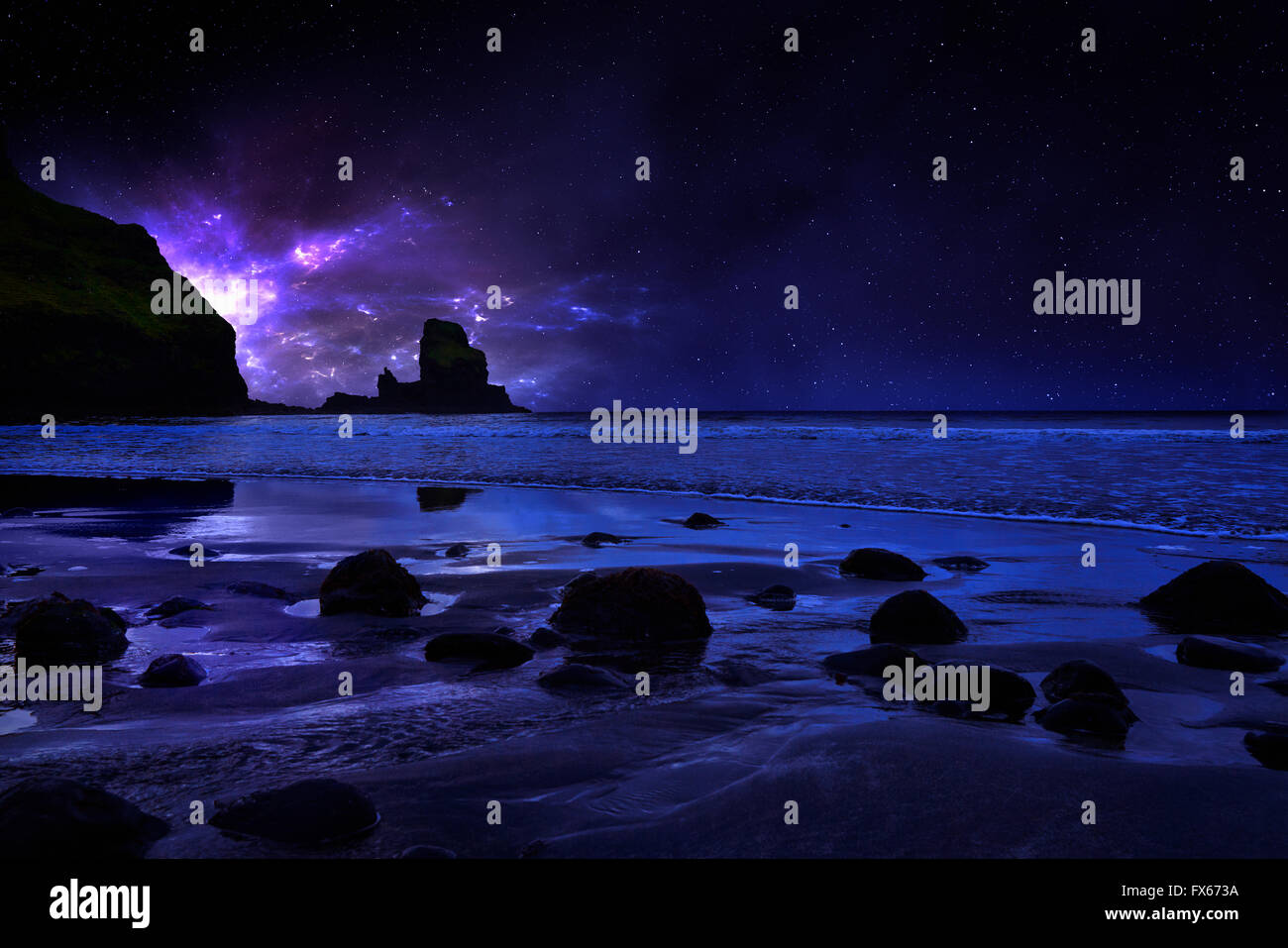 Night sky over rocky Carbost coastline, Isle of Skye, Scotland Stock ...