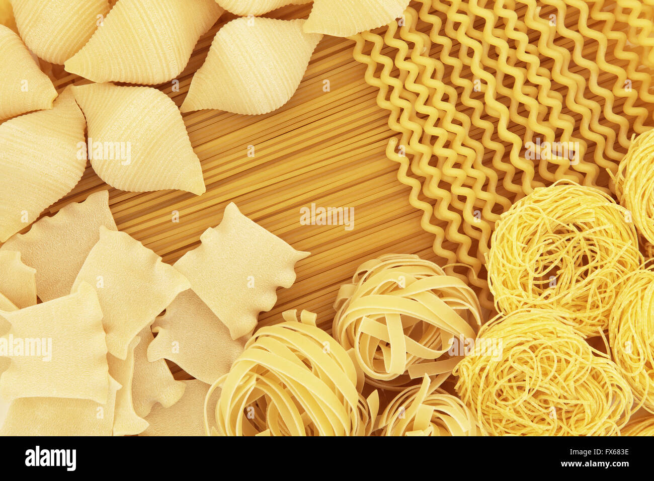 Italian spaghetti pasta dried food selection forming an abstract
