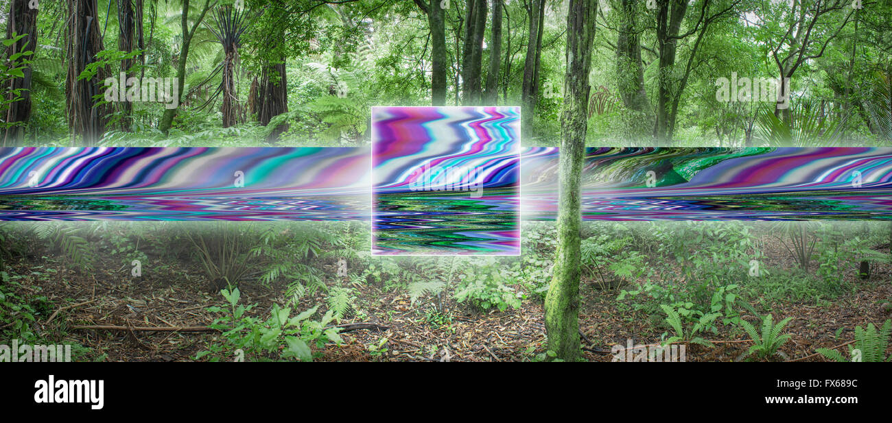 Distorted digital stream in remote forest Stock Photo