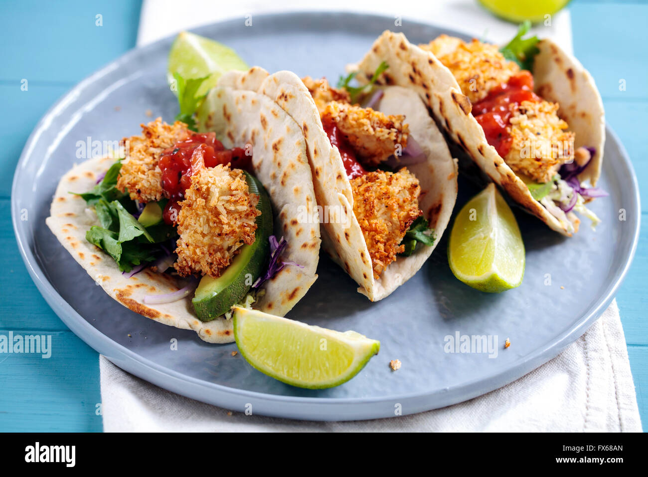 Tacos with chicken in panko breadcrumbs Stock Photo