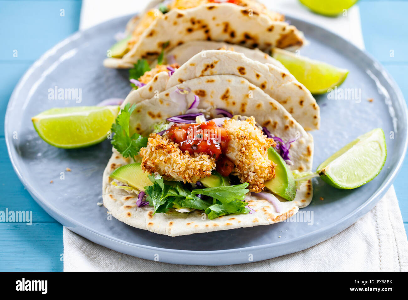 Tacos with chicken in panko breadcrumbs Stock Photo