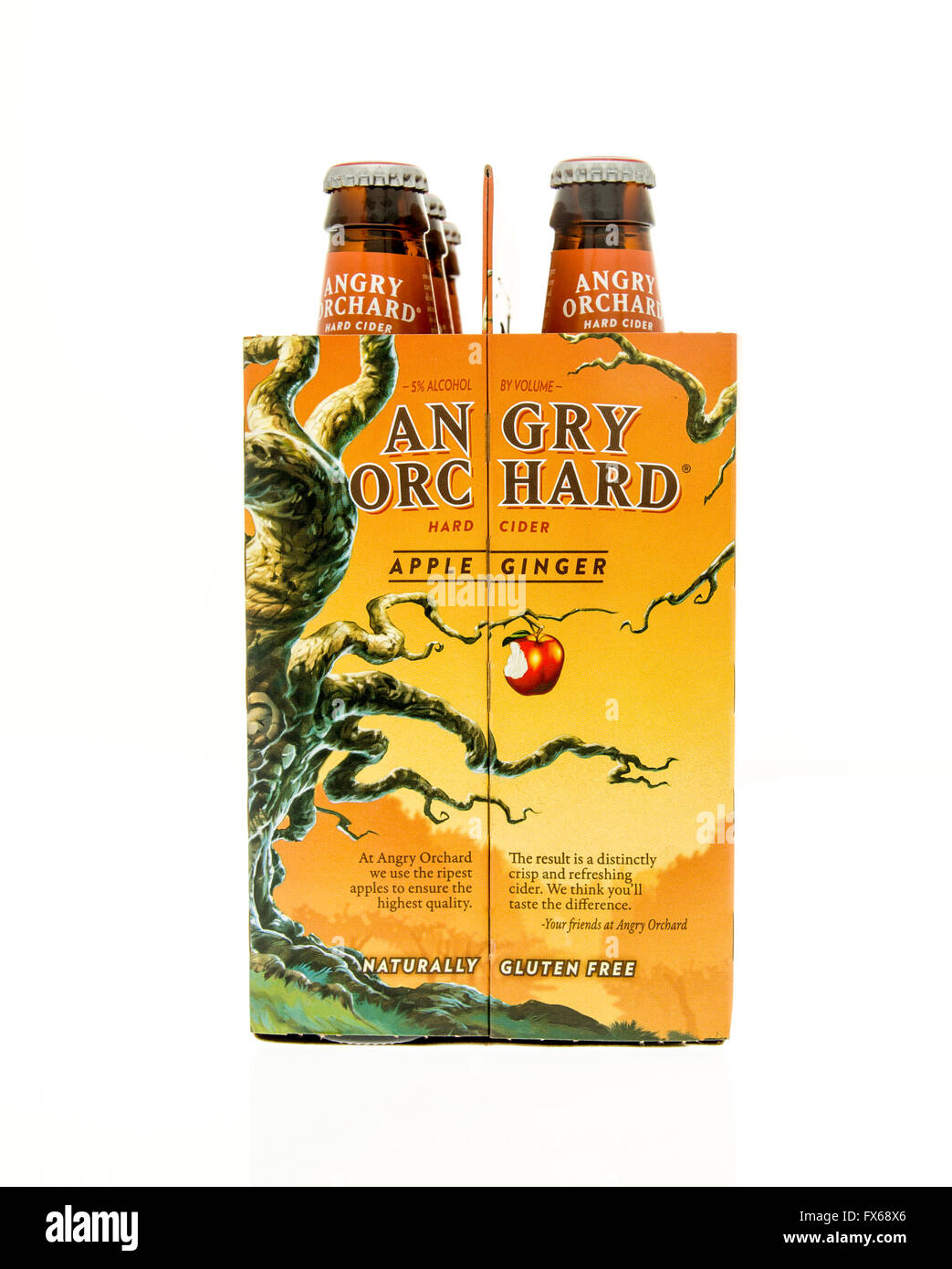 Winneconne, WI - 15 March 2016:  A six pack of Angry Orchard hard cider in apple ginger flavor Stock Photo