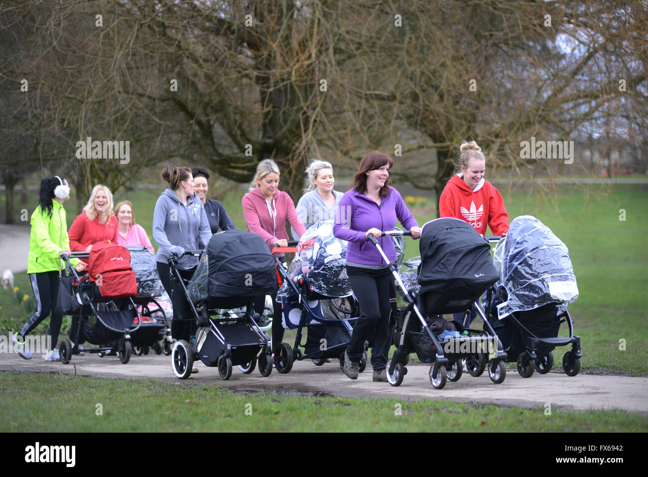 New mums exercising and keeping fit in the park. Stock Photo