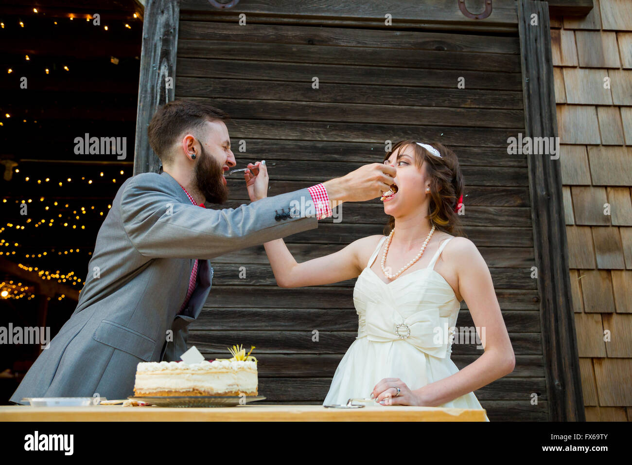 Bride and groom cut the cake and feed each other on their wedding day at the reception. Stock Photo