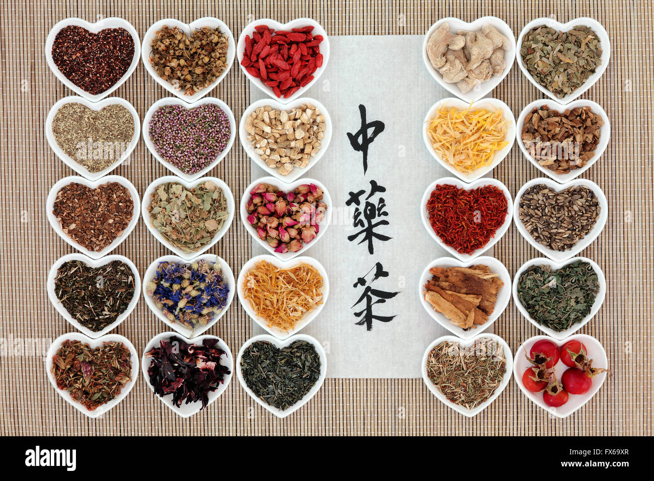 Chinese herbal tea selection with calligraphy script on rice paper