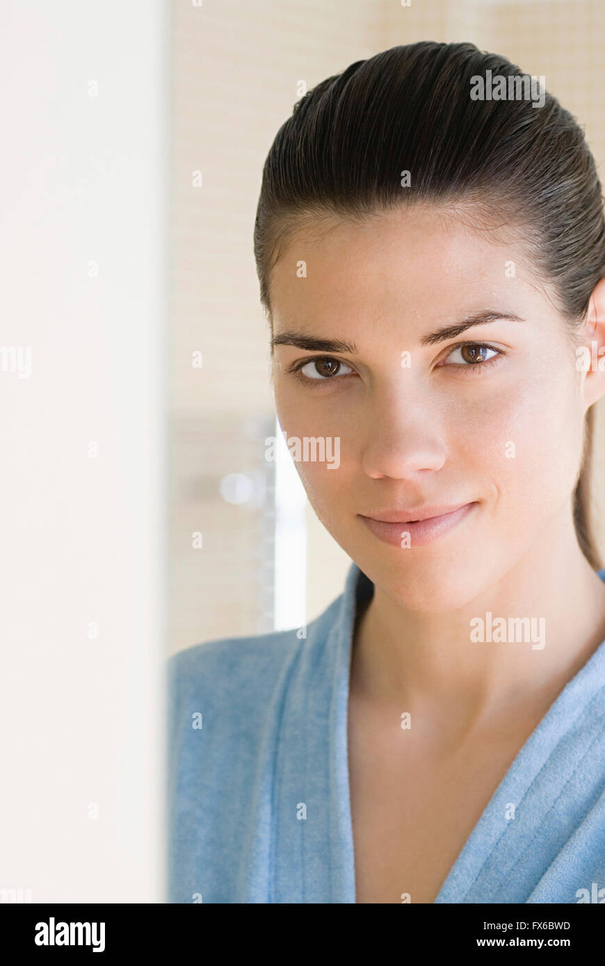 Caucasian woman wearing bathrobe Stock Photo