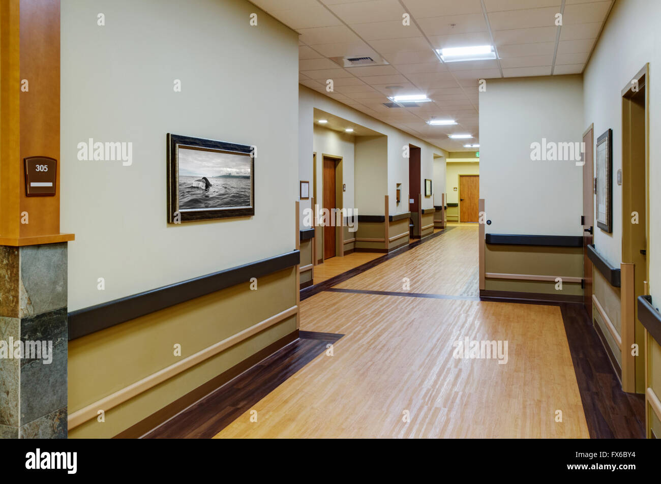 Empty hallway in assisted living facility Stock Photo