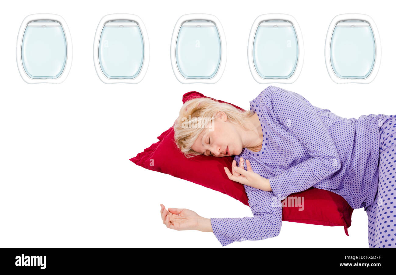 Woman Sleeaping on flight Stock Photo