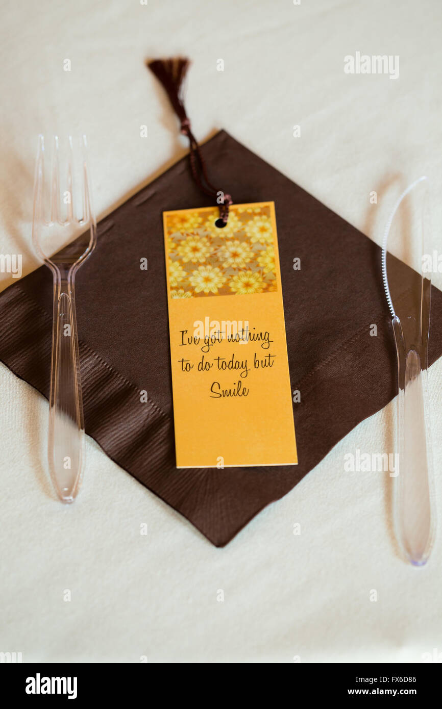 Bookmark gift for a guest at a wedding reads I've got nothing to do today but smile. Stock Photo