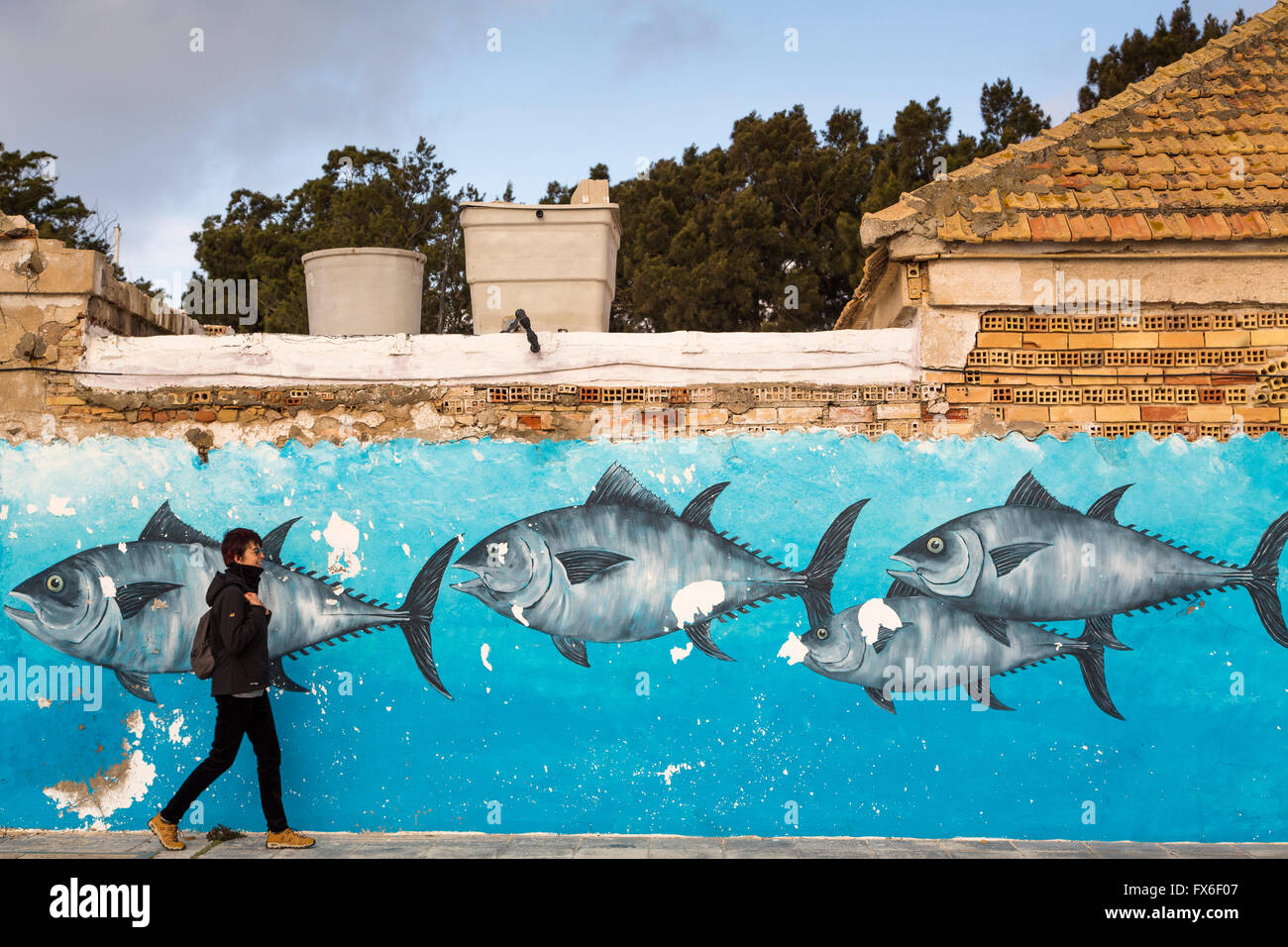 Tuna wall painting. Sancti Petri, Chiclana de la Frontera, Cadiz province Cadiz, Andalusia Spain. Europe Stock Photo