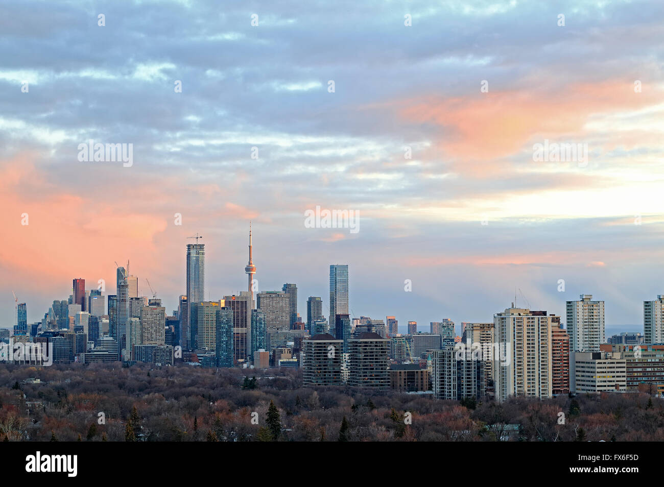 Toronto city skyline with major landmark buildings including CN Tower, corporate and bank buildings in downtown and midtown, wit Stock Photo
