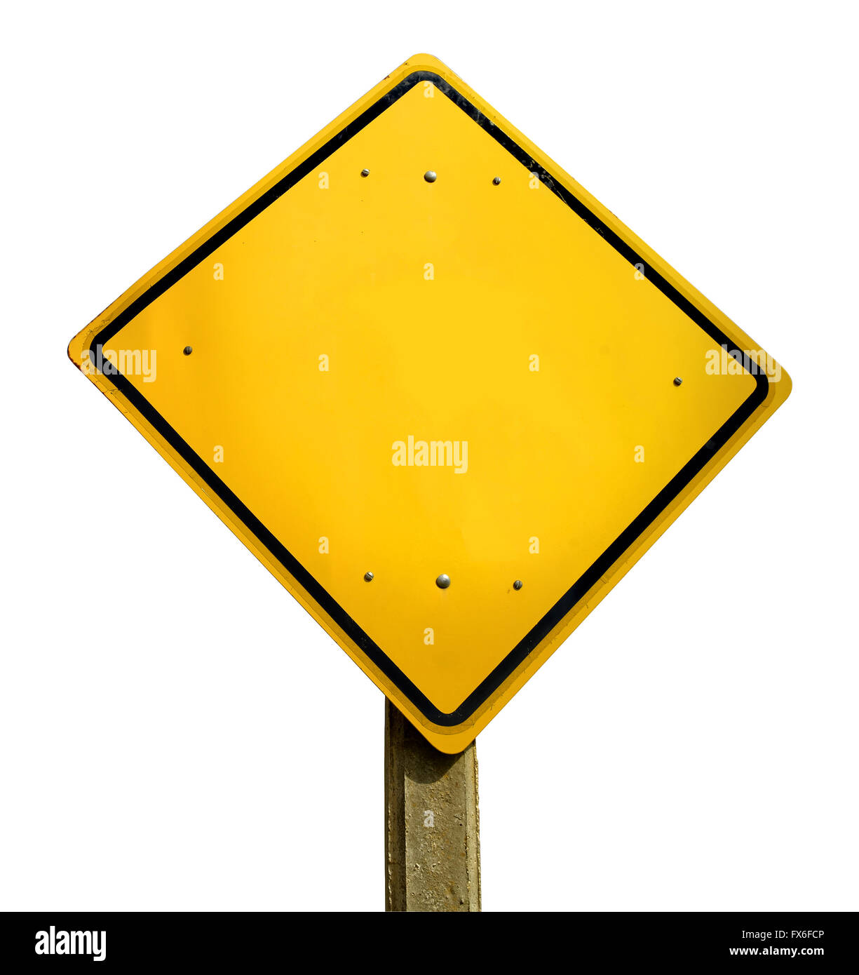 Empty yellow road traffic sign template with copy space isolated on white background. Stock Photo