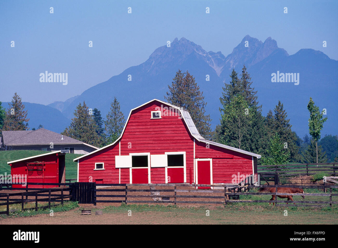 Red Barn on Farm near Fort Langley, Fraser Valley, British Columbia, Canada - Golden Ears Mountain (Coast Mountains) behind Stock Photo