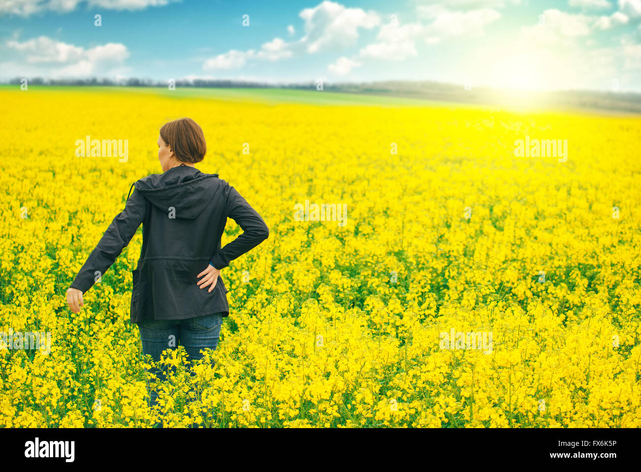 Woman agronomist standing in the field of blooming cultivated rapeseed ...