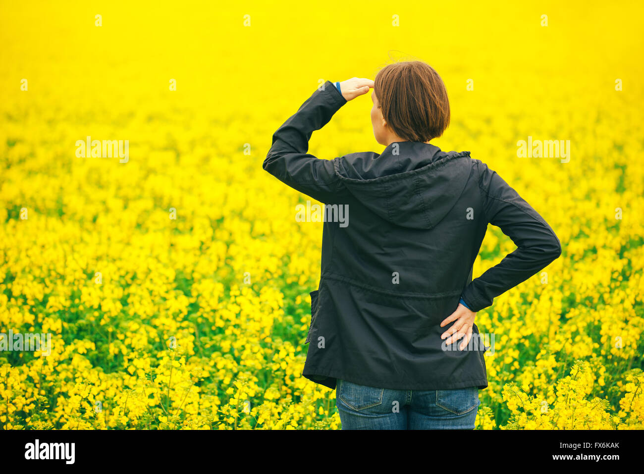 Woman agronomist standing in the field of blooming cultivated rapeseed ...