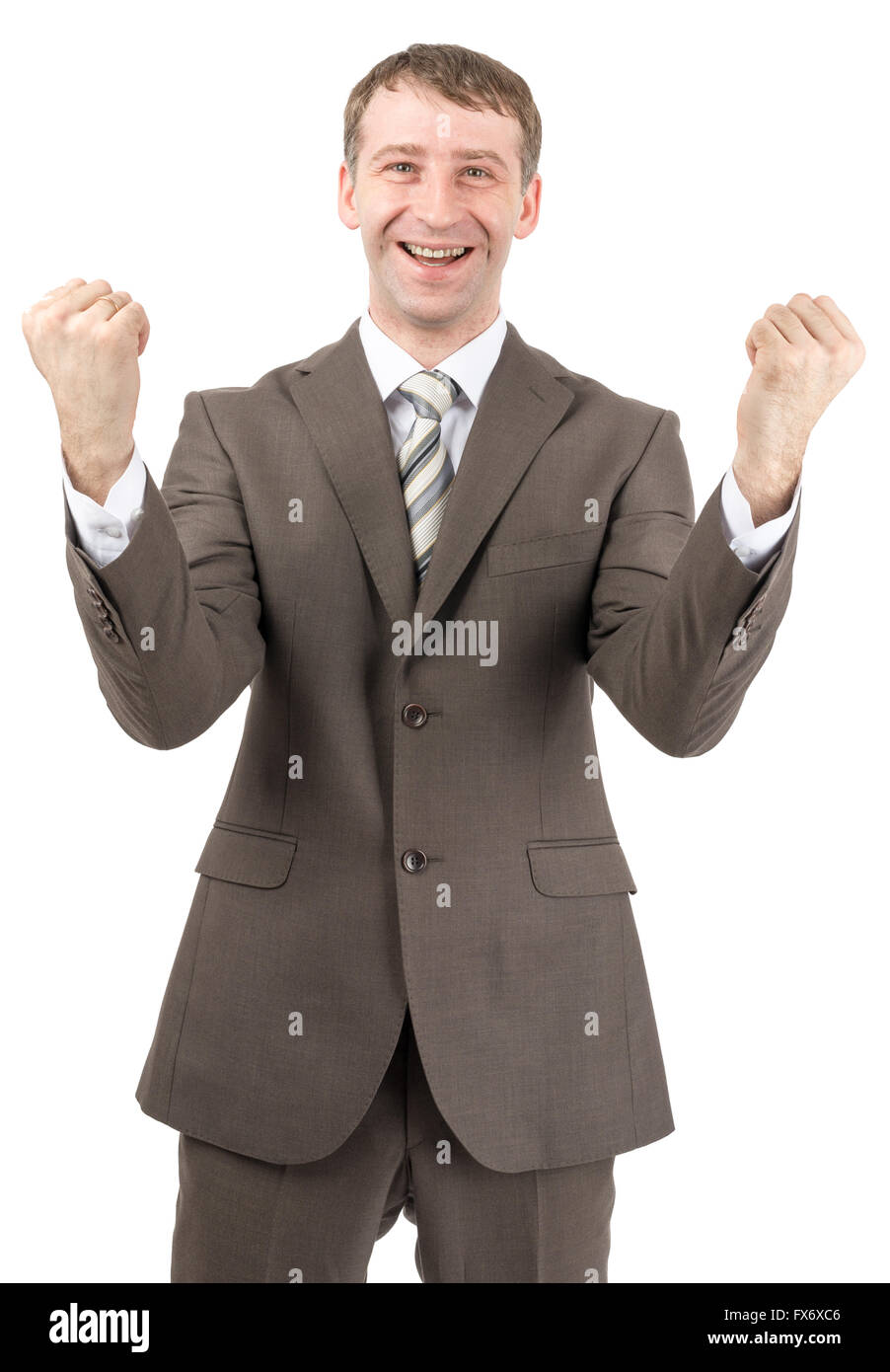 Successful businessman raised his hands up Stock Photo - Alamy
