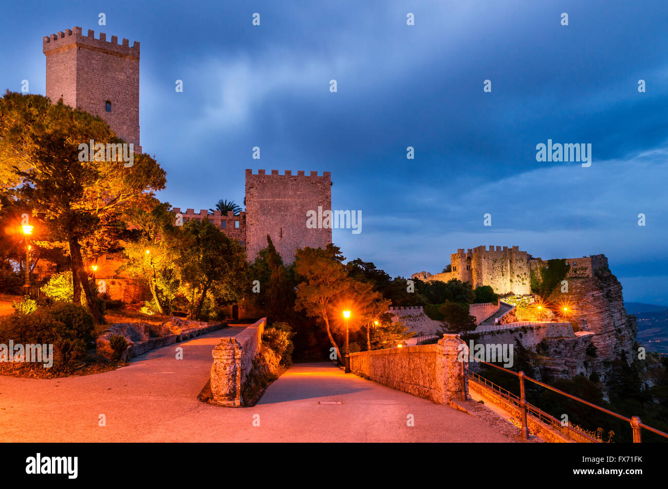 Torri del Balio, Castello Venere, Norman Castle, at dusk, Erice, Province of Trapani, Sicily, Italy Stock Photo