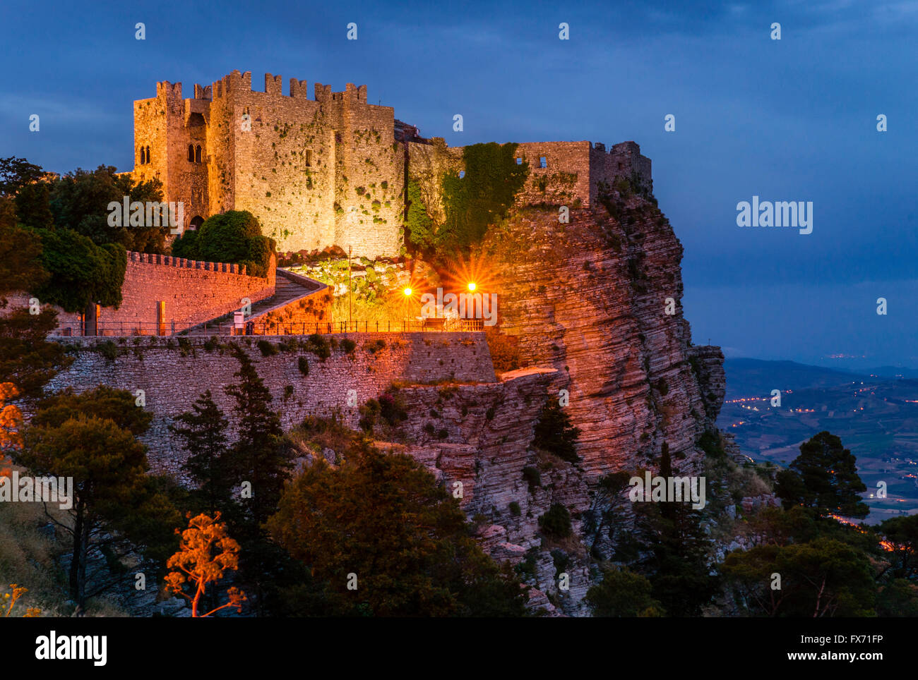 Castello Venere, Norman Castle, at dusk, Erice, Province of Trapani, Sicily, Italy Stock Photo