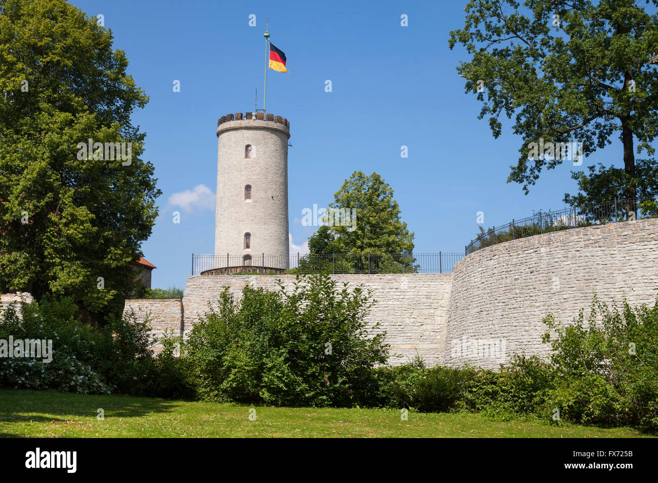 Sparrenburg or Sparrenberg Castle with waving flag, Bielefeld, North Rhine-Westphalia, Germany Stock Photo