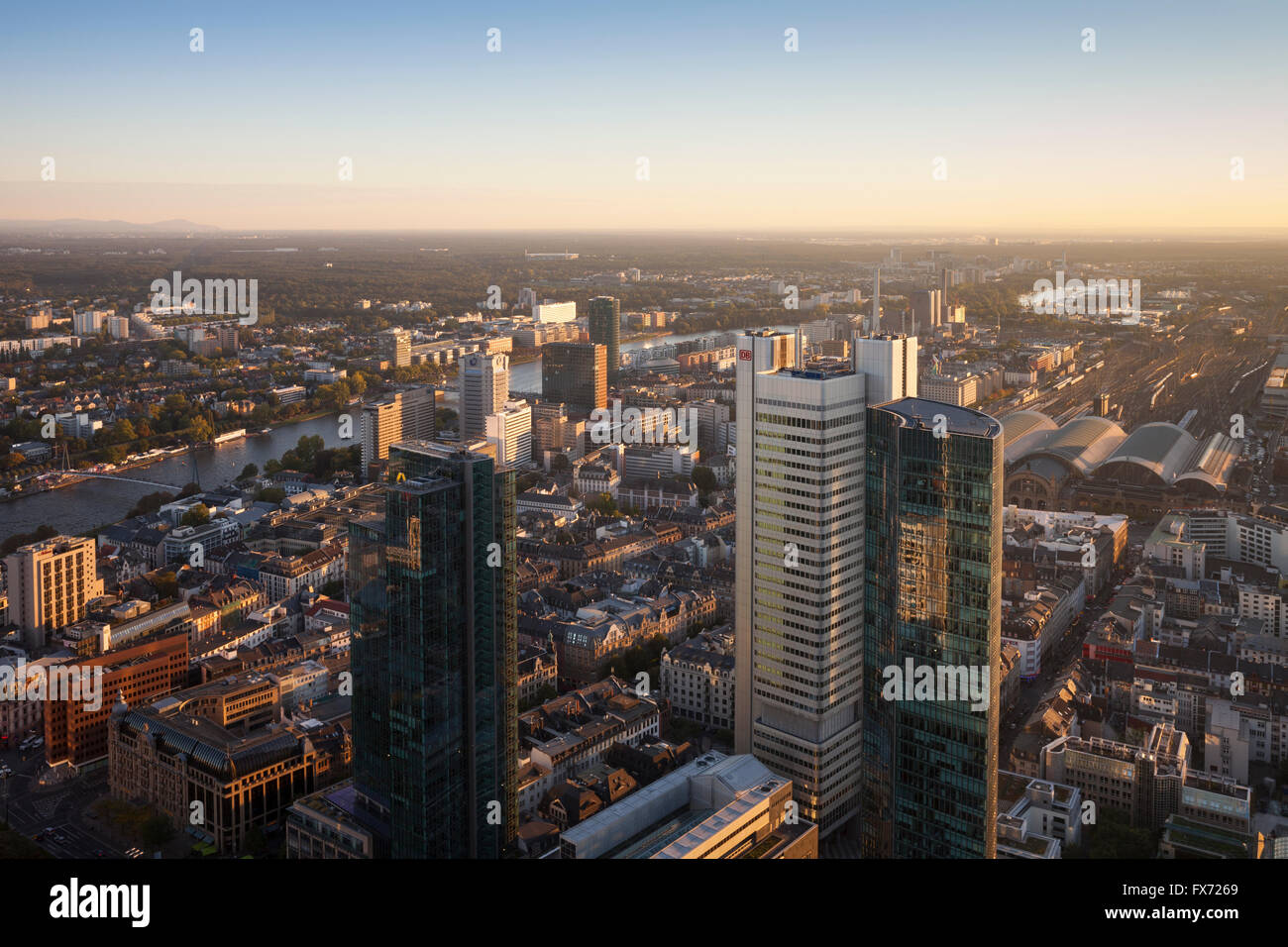 Cityscape with Gallileo and Silberturm skyscrapers, view from the Main Tower, Frankfurt, Hesse, Germany Stock Photo