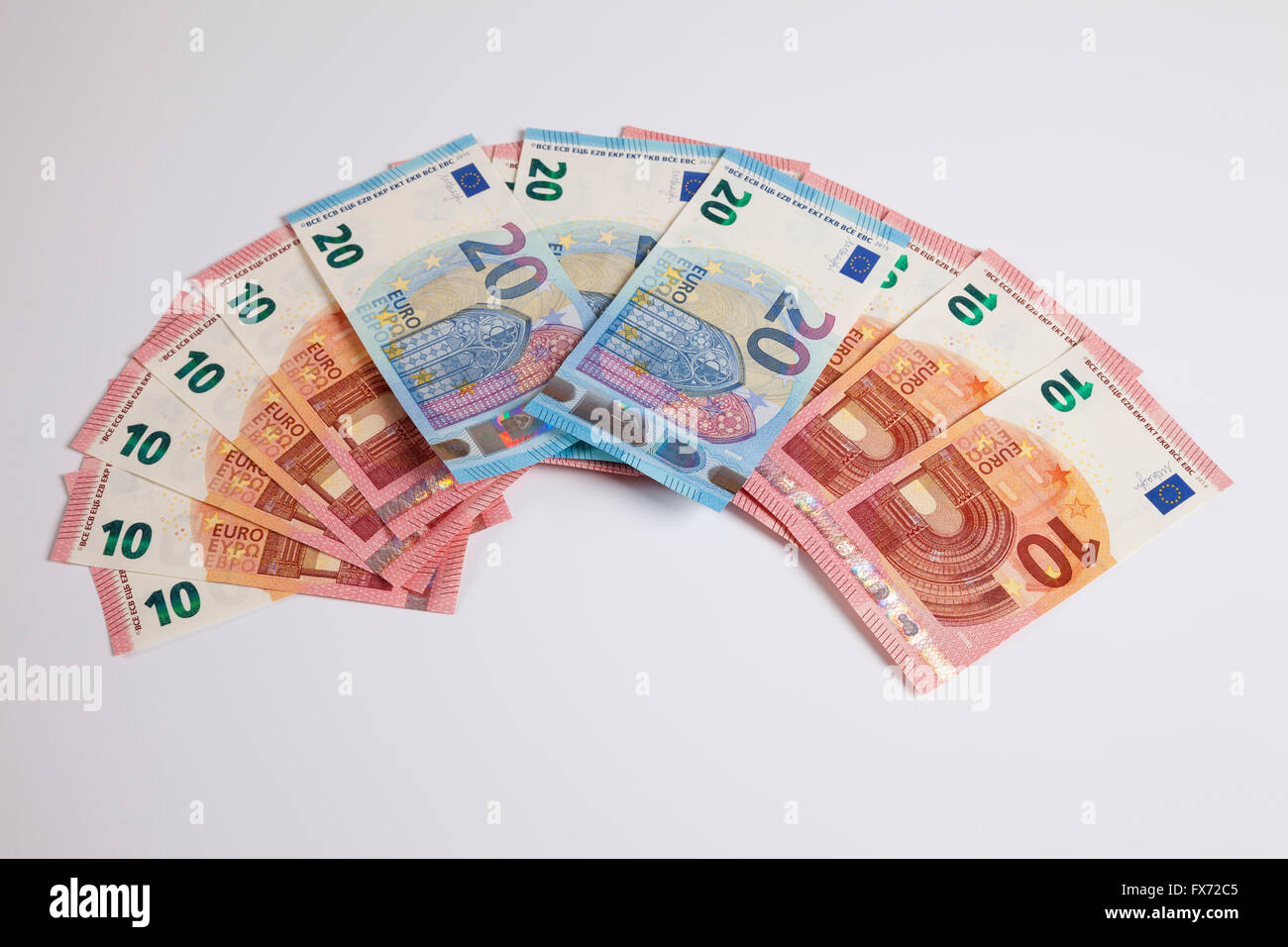 Fan of bank notes, twenty Euros, release date 25/11/2015, ten Euros, release date 23/09/2014 Stock Photo