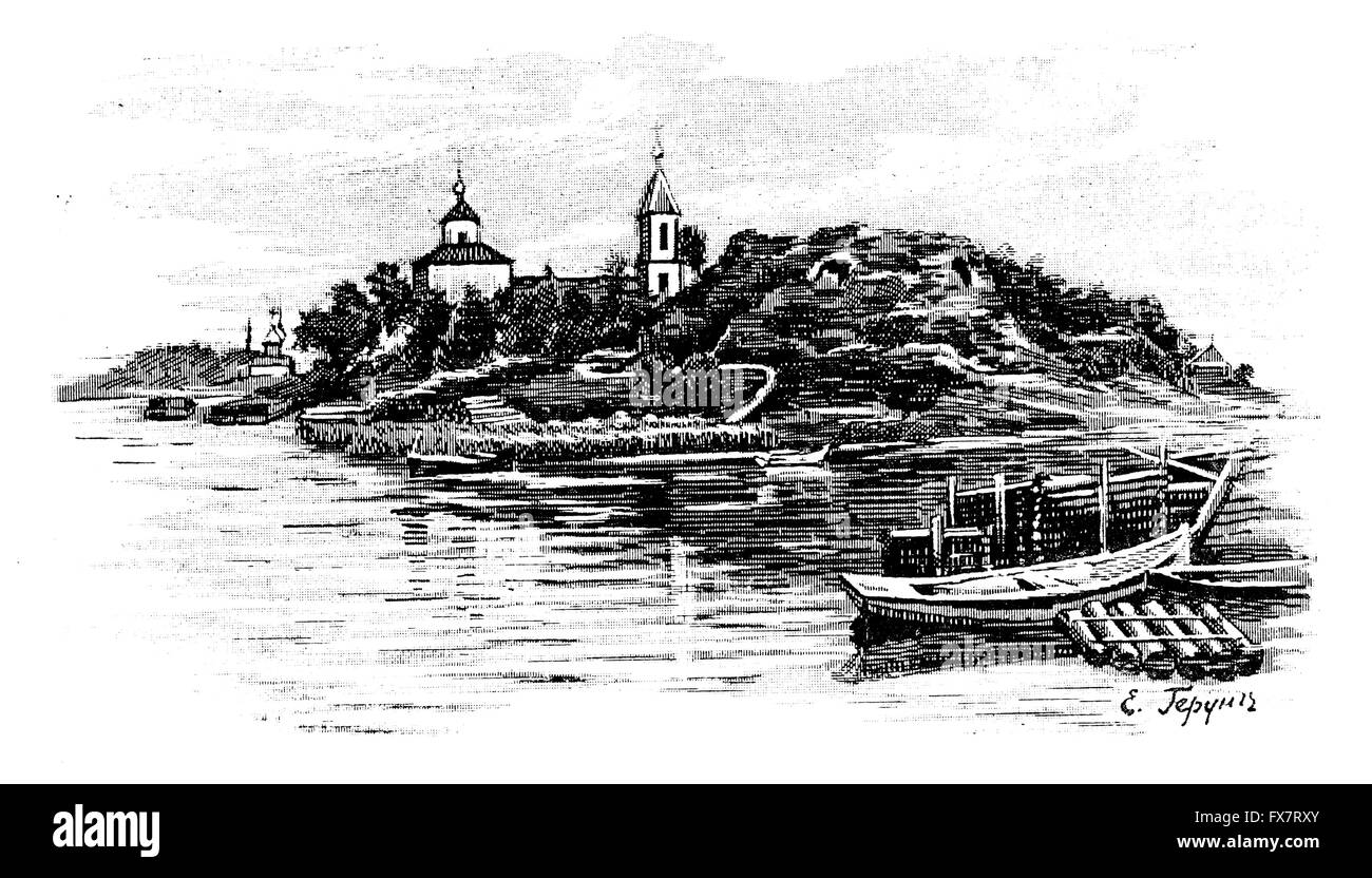 general view of Staraya Ladoga - an illustration from antique book 'Russia, the full geographical description', Moscow, Russia, 1900. Artist Gerung Stock Photo
