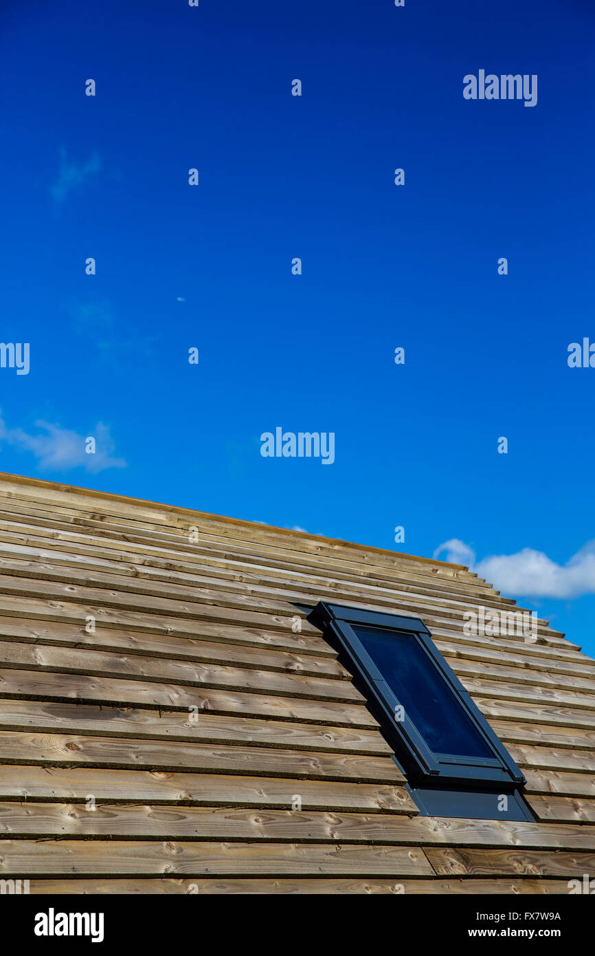 Wooden roof of an eco lodge at Tapnall Farm on the Isle of Wight. Stock Photo