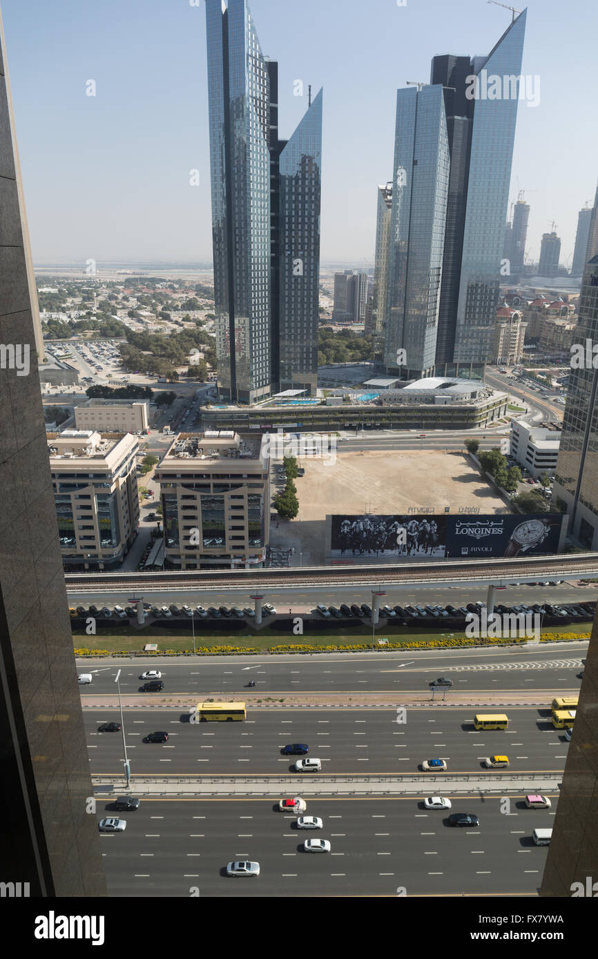 Looking down on to the Sheikh Zayed Road from inside the Shangri