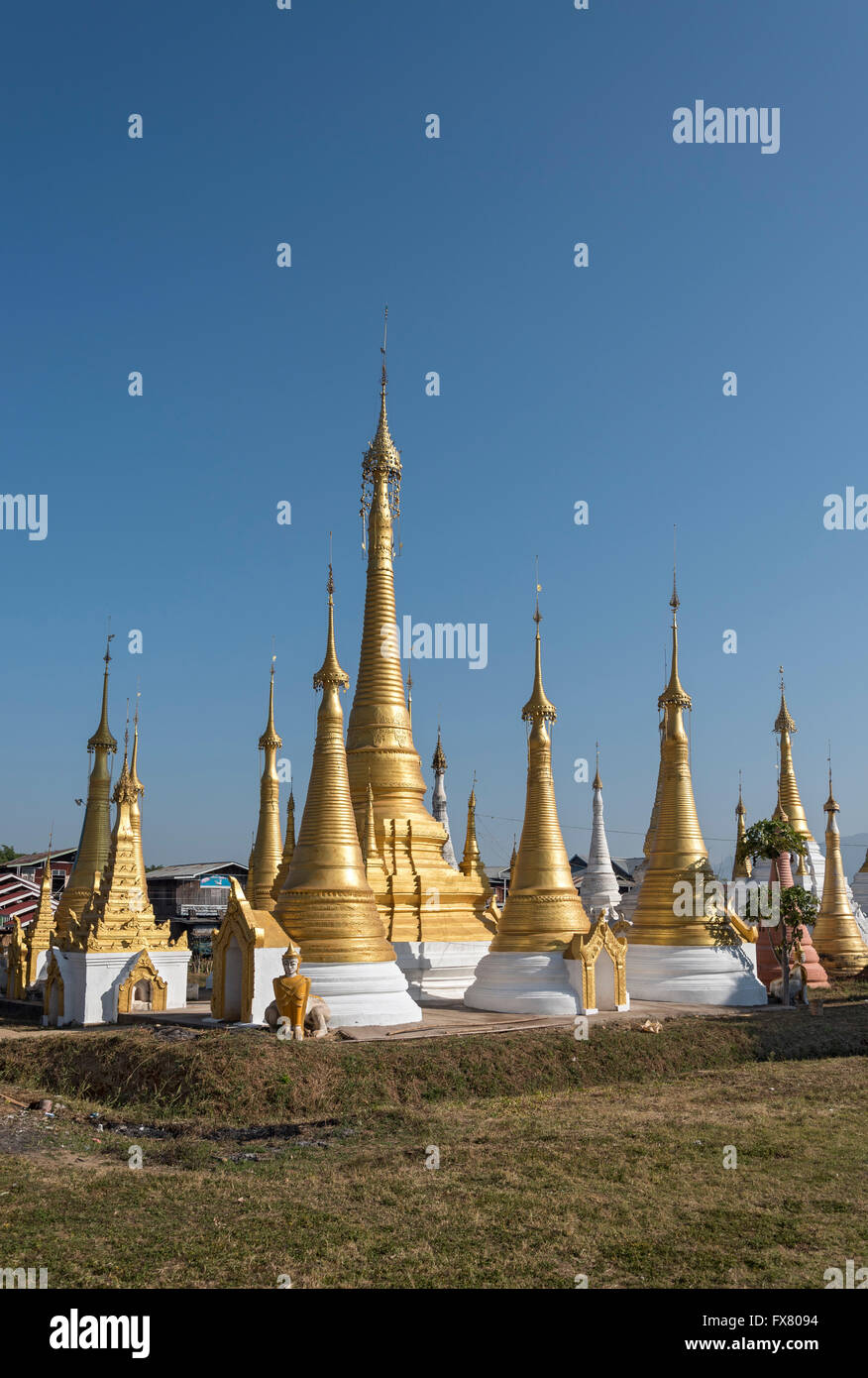 Stupas at Monastery in Ywama Village by Inle Lake, Burma (Myanmar) Stock Photo