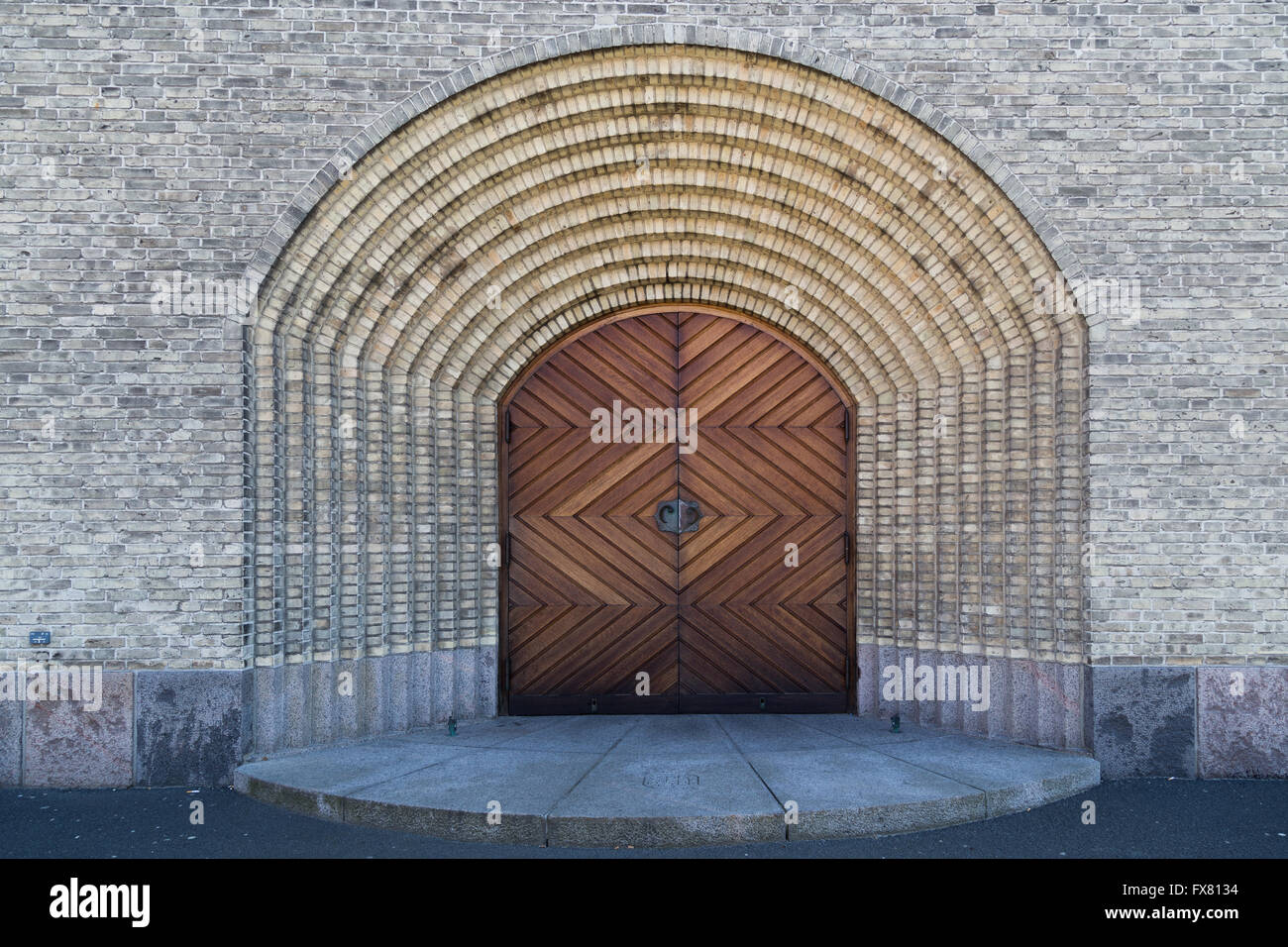 Copenhagen, Denmark - April 11, 2016: Entrance portal to Grundtvigs Church Stock Photo