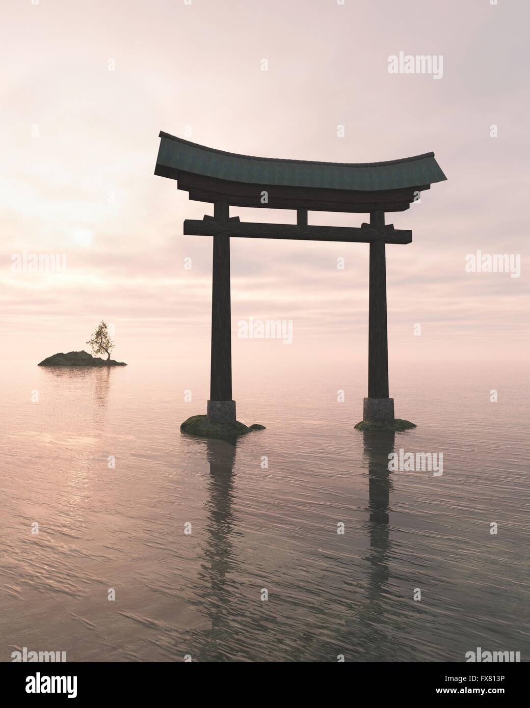 Japanese Floating Torii Gate at a Shinto Shrine, Evening Stock Photo