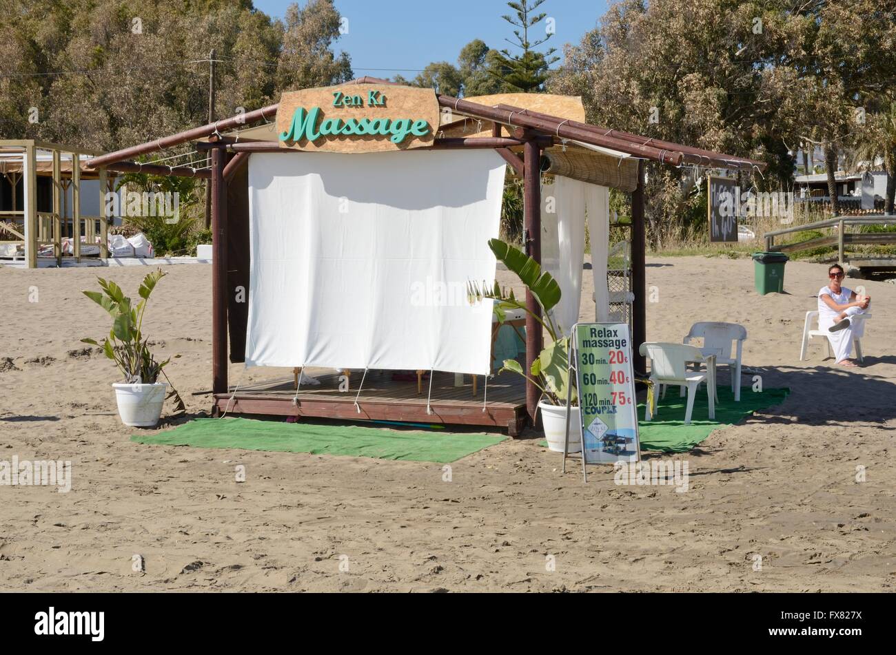 Massage tent in the beach of Marbella, Spain Stock Photo - Alamy