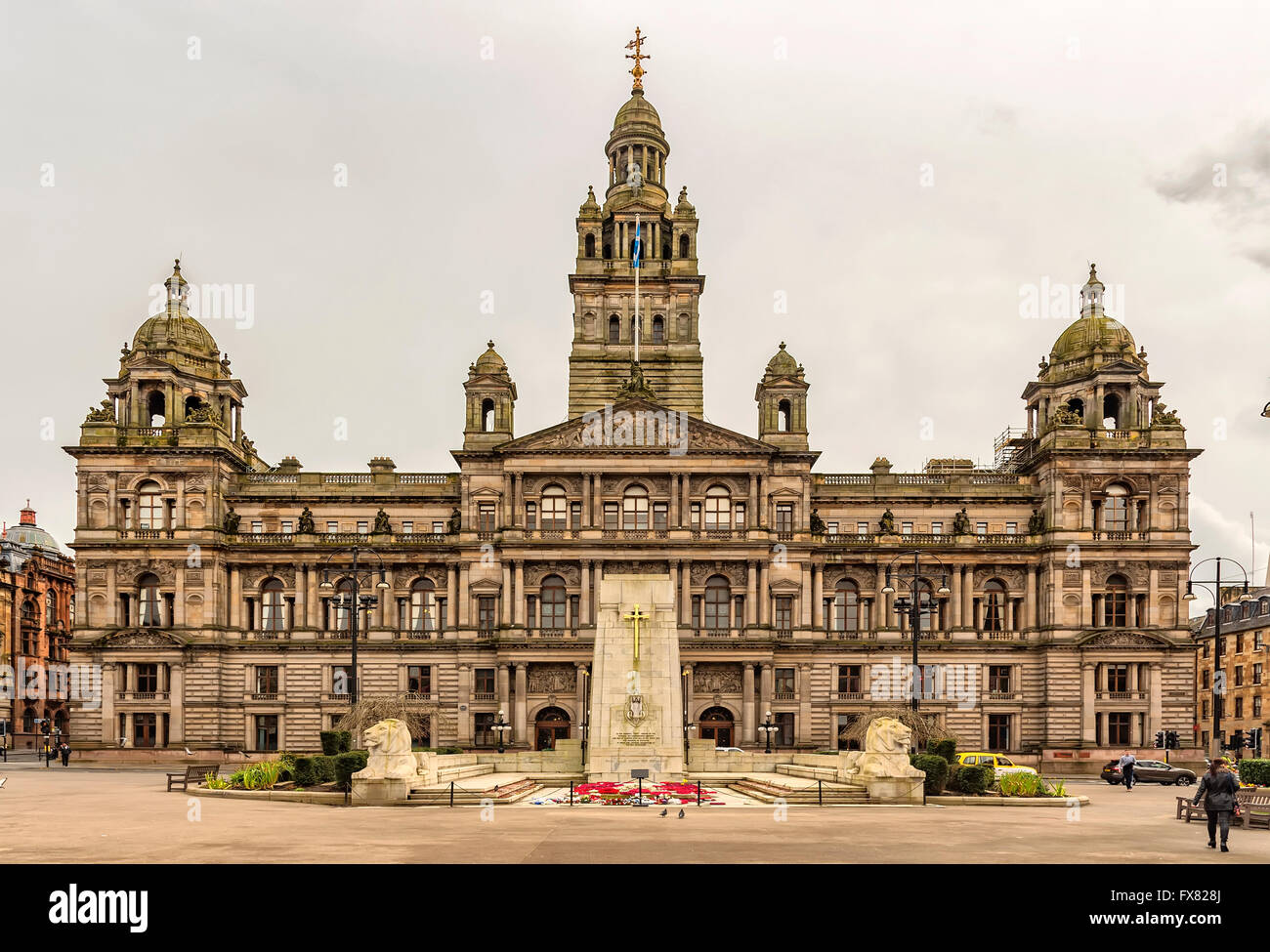 The Cenotaph war memorial in front of the City Chambers in George Square, Glasgow, Scotland Stock Photo