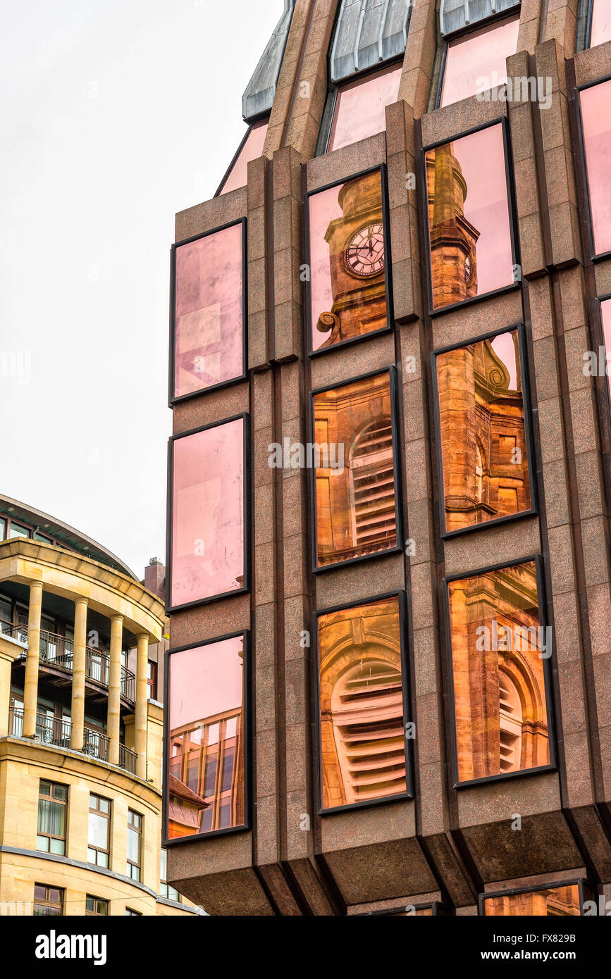 St. George's Tron Parish Church reflected onto the windows of a nearby office block in Glasgow, Scotland Stock Photo