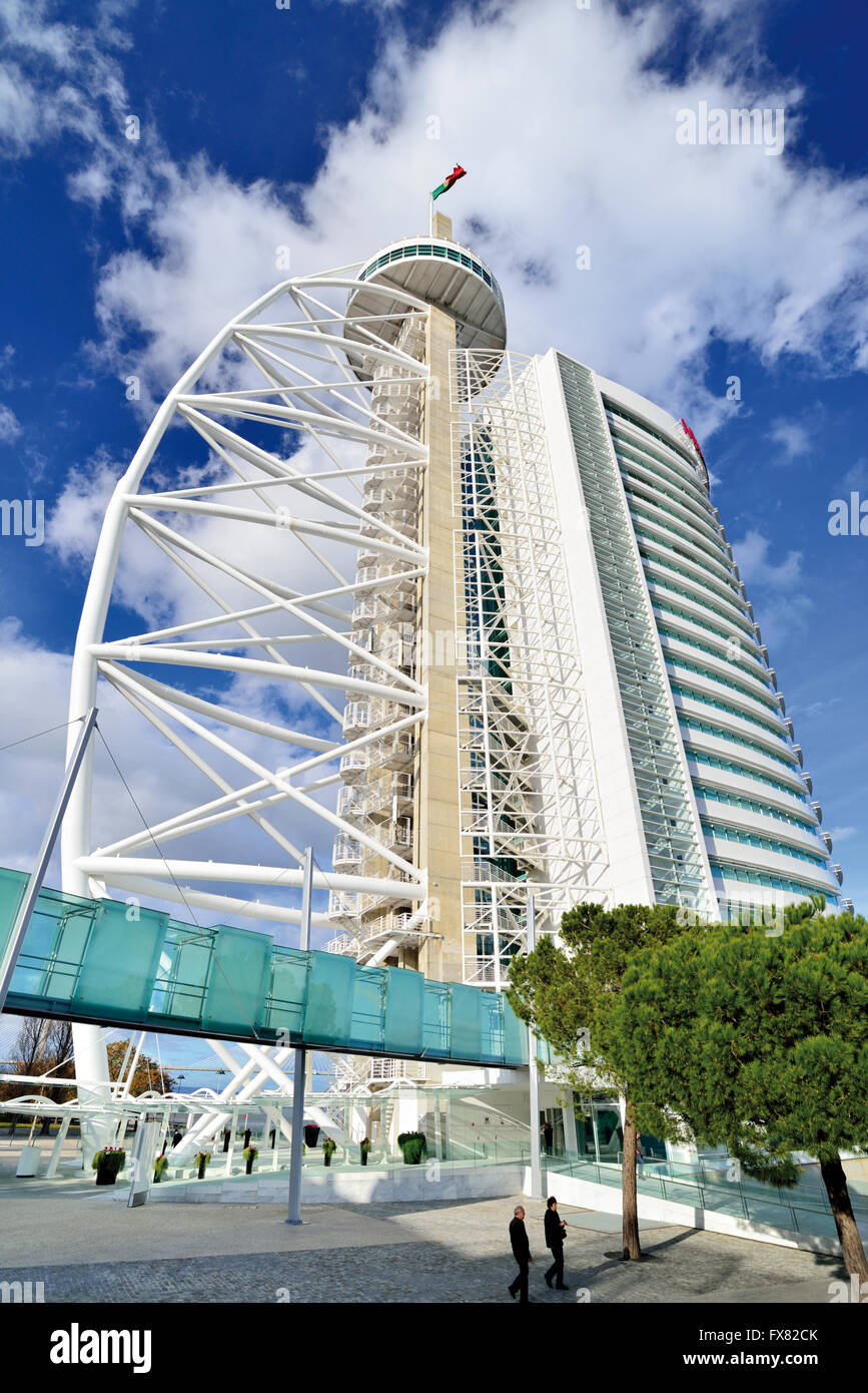 Portugal, Lisbon: Hotel tower with 140 meters of the Myriad by Sana Hotel in the Parque das Nacoes Stock Photo