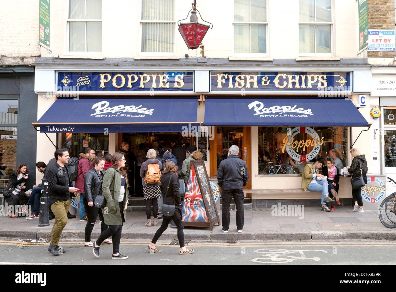 Fish and Chip shop London; Poppies fish and chip shop, Hanbury Street, Spitalfields, East London UK Stock Photo
