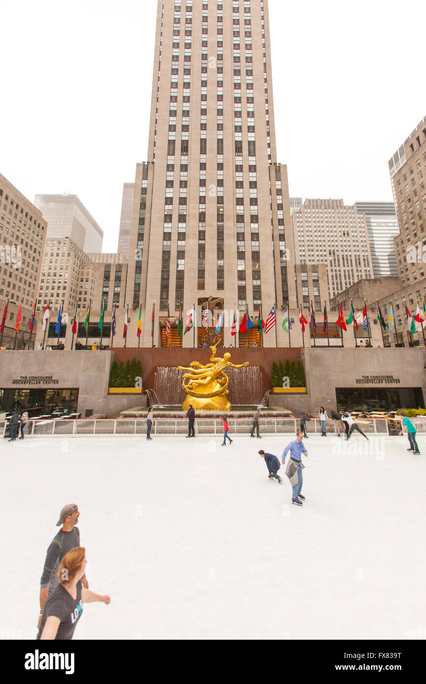 Ice Skating rink at the Rockefeller center plaza, Manhattan, New York City, United States of America. Stock Photo