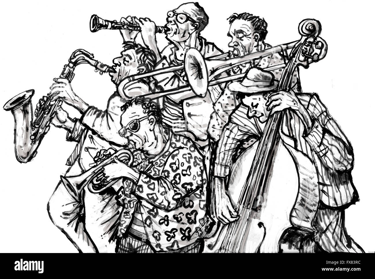 Jazz musicians, playing sax, trumpet, and bass Stock Photo Alamy