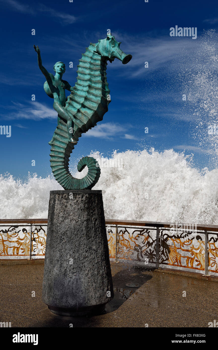 Boy on a Seahorse on Puerto Vallarta Malecon with splash of ocean wave Stock Photo