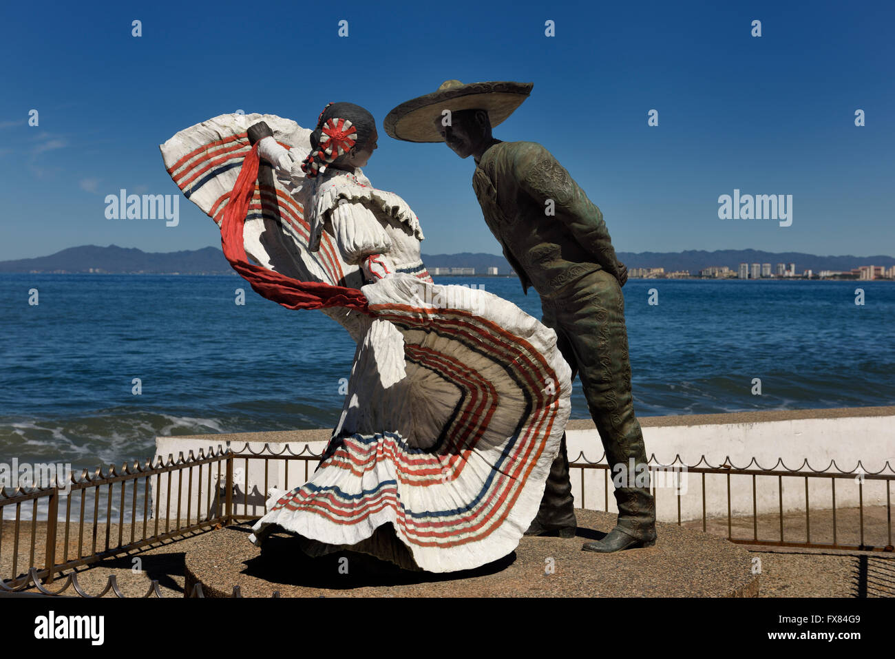 Bronze Sculpture of dancer couple doing the Mexican Hat Dance Puerto Vallarta Mexico Stock Photo